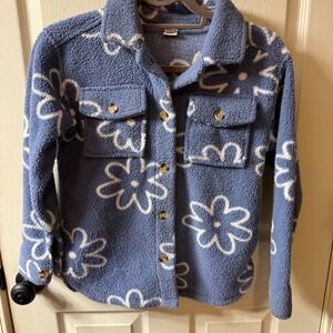 Wallflower Kids Girls Shacket Blue Floral Fuzzy Button Up Jacket Size M 10 12
